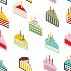 Seamless birthday pattern. Colorful cakes with cream and burning candles. Pieces of sliced ​​cake. For packaging, clothing, postcards.