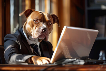 A Pitbull dog businessman working with a laptop in front of him