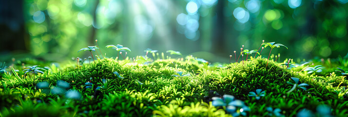 Verdant Forest Floor Blanketed with Soft Moss, Inviting a Closer Look at Natures Carpet - obrazy, fototapety, plakaty