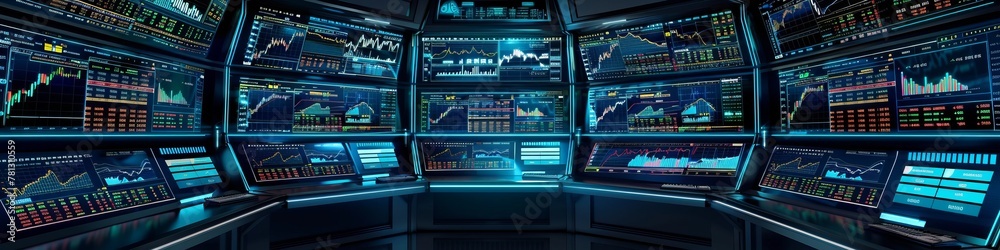 Wall mural a stock market setup with multiple monitors displaying realtime business data and graphs, showcasing