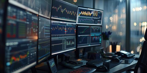A stock market setup with multiple monitors displaying realtime business data and graphs, showcasing the digital environment of financial trading. With a softly blurred background that accentuates det