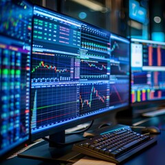 A stock market setup with multiple monitors displaying realtime business data and graphs, showcasing the digital environment of financial trading. With a softly blurred background that accentuates det