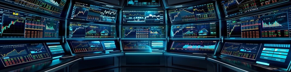 A stock market setup with multiple monitors displaying realtime business data and graphs, showcasing the digital environment of financial trading. With a softly blurred background that accentuates det