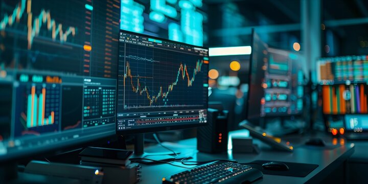 A stock market setup with multiple monitors displaying realtime business data and graphs, showcasing the digital environment of financial trading. With a softly blurred background that accentuates det