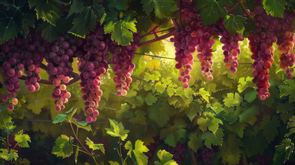 Bunch of grapes hanging from a vine in vineyard. The grapes are ripe and ready to be picked. Concept of farm to table and harvesting. - Powered by Adobe