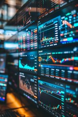 A stock market setup with multiple monitors displaying realtime business data and graphs, showcasing the digital environment of financial trading. With a softly blurred background that accentuates det