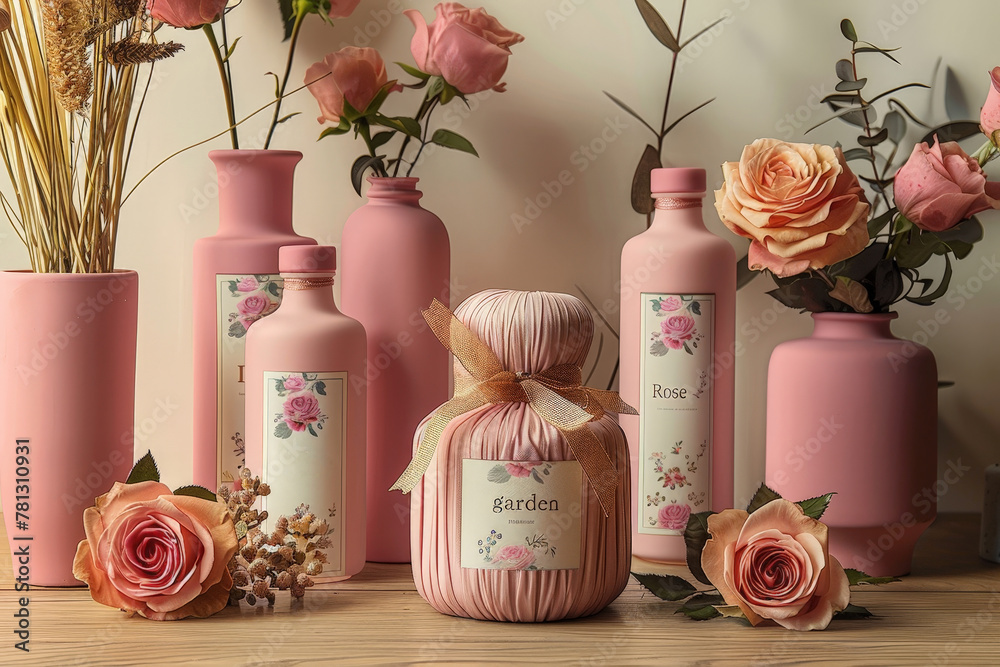 Poster A table is adorned with pink vases filled with blooming flowers, creating a vibrant and colorful display