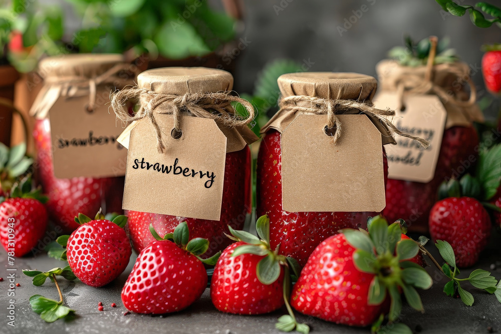 Aufkleber a close-up of a group of strawberries sitting next to each other on a surface, showcasing their vibr