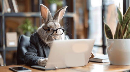 An adorable rabbit entrepreneur in a tailored suit and glasses working on a laptop computer in a contemporary office. - obrazy, fototapety, plakaty