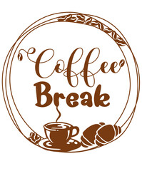Coffee Break - brown color - word written enclosed in 3 circles with cup of coffee, beans and croissants - vector graphics for websites, greetings, banners, cards, prints, cricut, sublimation
