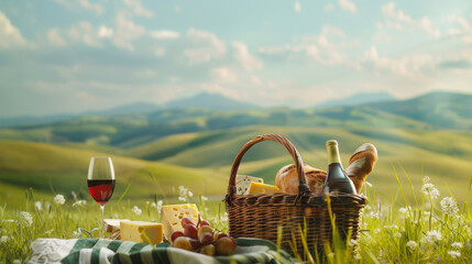Picnic basket filled with artisanal tasty bread, delicious cheese, and rich wine, leisurely outdoor...