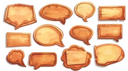 Isolated wooden speech bubbles on a wooden background. Modern illustration of empty message frames with blank paper templates for text. Square, rectangular, round signboards.