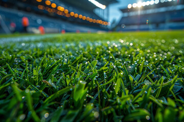 green grass on a soccer field at a stadium, showcasing the neatly trimmed blades and vibrant color - obrazy, fototapety, plakaty