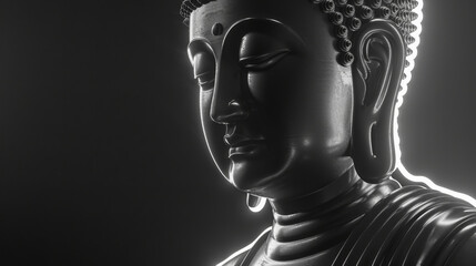 A statue of a Buddha with a serene expression. The statue is surrounded by a black and white...