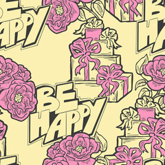 Gift box, ribbon and flowers seamless pattern for wrapping present with bow, party celebration, sale promotion, Textile print, fabric design, banner background. Hand drawn illustration cartoon style.