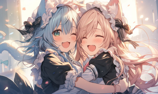 Cute young Neko girls, best friends spending time together.