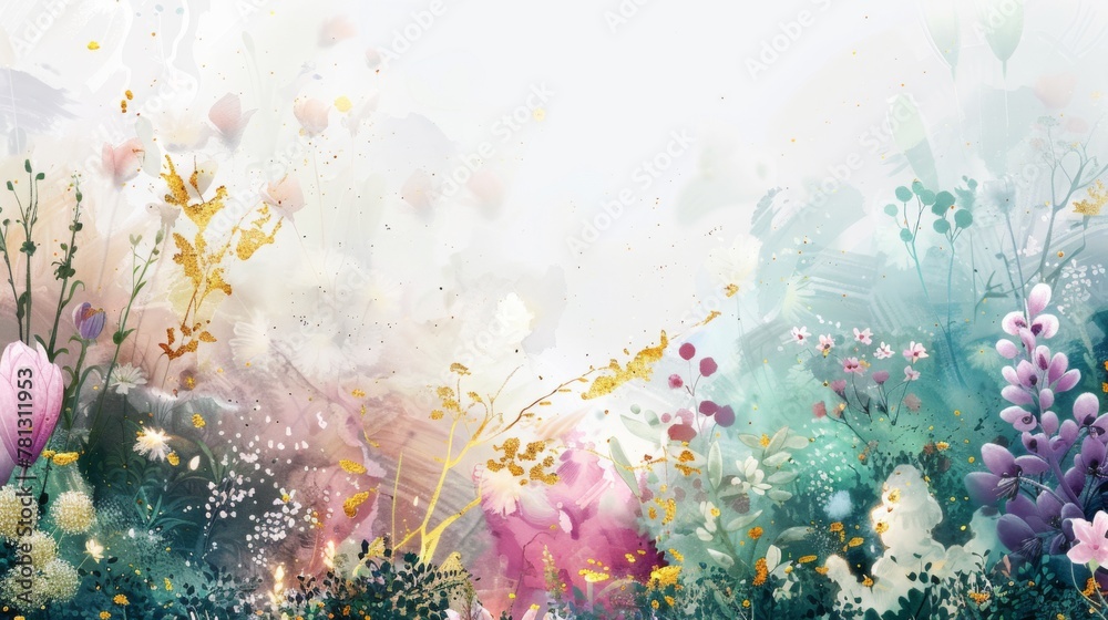 Wall mural Enchanting Spring Meadow with Colorful Floral Bloom and Misty Background.