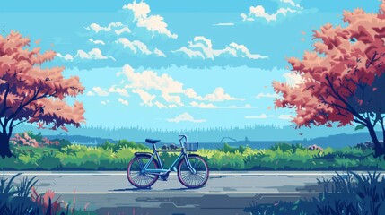 Bycicle on road in pixel style - obrazy, fototapety, plakaty