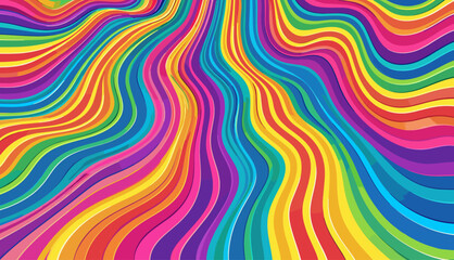 グルーヴィーな虹の背景。チェッカーボード、チェス盤、メッシュ、波、渦巻き、渦巻き模様。トレンディなレトロなサイケデリック スタイルのねじれと歪みのベクトル テクスチャー。ヒッピー 70 年代の美学。