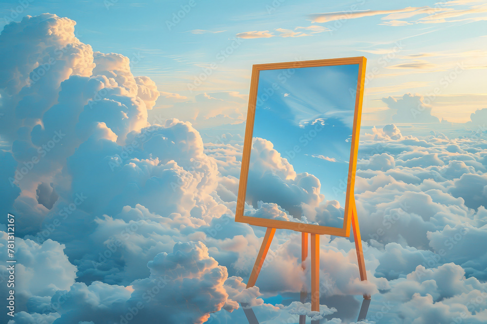 Aufkleber an easel stands in the clouds with a mirror attached to it, reflecting the sky above