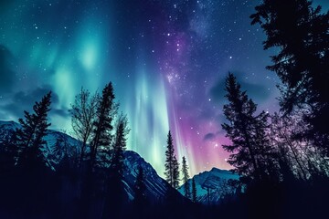Aurora Night sky with northern lights over winter mountains.
 - obrazy, fototapety, plakaty