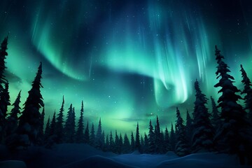Aurora Night sky with northern lights over winter trees forest
