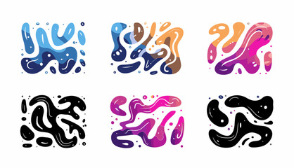 液体の抽象的な有機ブロブ形状の背景セット。波状の要素がトレンディな y2k スタイルで泡立ち、ドロップします。幼稚なカラフルなベクトル分離イラスト。ポスター カードのテンプレート デザイン。