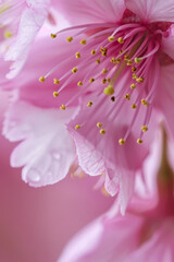 Macro pink cherry blossom petals and stamen