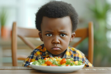 Fototapeta premium African American kid rejects vegetable salad, unhappy with meal