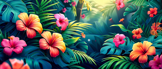 Vibrant Hawaiian Floral Display, Showcasing Exotic Flowers Amidst Lush Greenery, Symbolizing the Essence of Tropical Beauty - obrazy, fototapety, plakaty