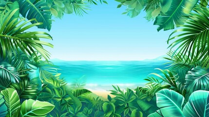 Tropical Beach Paradise with Lush Green Foliage and Turquoise Sea.