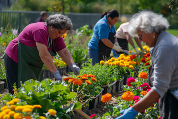 Gardening project, where seniors cultivate vibrant flower beds and vegetable patches together