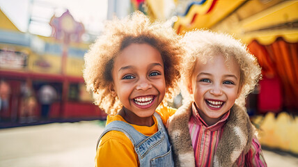 Joyful diversity shines as they share laughter under the sunny fair and circus atmosphere.
