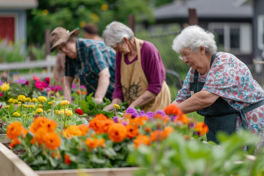 Gardening project, where seniors cultivate vibrant flower beds and vegetable patches together