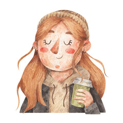 Girl with coffee with eyes closed. Watercolor cartoon portrait isolated on white background. 
