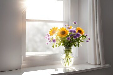 flowers in a vase on the windowsill with sunbeams