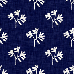 Indigo denim blue leaf motif seamless pattern. Japanese dye batik fabric style effect print background swatch.  - 781312996