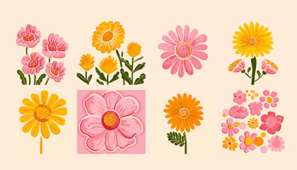 グルーヴィーな抽象的なフラワー アート セット。トレンディな素朴なレトロなヒッピー 60 年代 70 年代スタイルの有機的な落書きの形。現代的なポスターと背景。ピンク、黄色、オレンジ色の花の植物のベクトル図