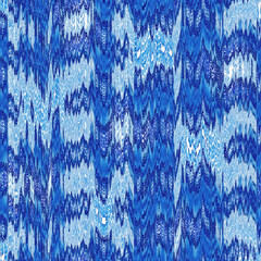 Indigo ikat dye stripe marled seamless pattern. Asian style wavy distort weave print in modern blue white. - 781313301