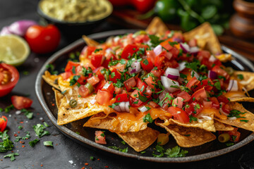 Mexican food - nachos with ground beer, tomatoes, cilantro and cheese