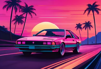 Foto op Canvas Illustration shows a car heading towards the sunset in a summery 80s style. Generative AI. 80s style illustration with car driving into sunset. © Arvind Patel