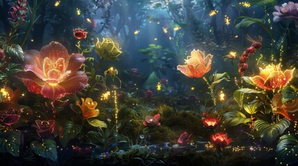 Fototapeta na wymiar Enchanted Forest Glowing with Mystical Flowers at Twilight.