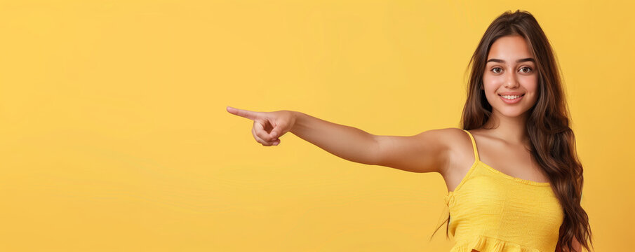 Woman yellow tank top points with finger to an empty yellow space to promote a deal, bargain with copy space for offers, message or advertising