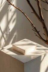 Paper box, twig, podium mockup in natural colors, muted colors. Generative AI.