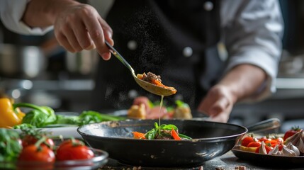Chef in the kitchen preparing food, close-up of hands
