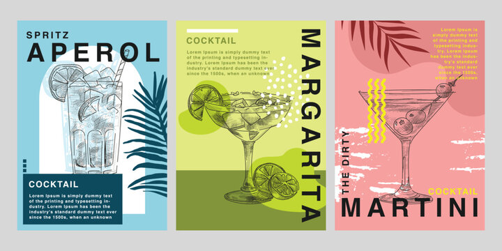 Party poster design. Drinks, Cocktails. Set of vector illustrations. Typography. Vintage pencil sketch. Engraving style. Abstract summer background with tropical palm leaves, Texture, drinks, shape