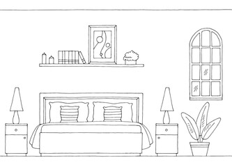 Front view bedroom graphic black white home interior sketch illustration vector - 781314128