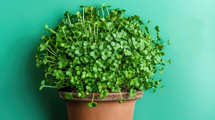 Green microgreens in a pot on a green background with copy space