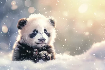Keuken spatwand met foto A baby panda toy peeks out with wide, curious eyes from a cozy embrace of white fluff © dashtik