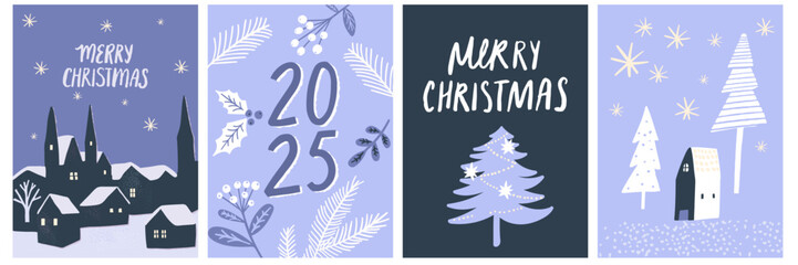 Christmas cards set, blue minimalistic winter village silhouettes, decorated spruce tree, 2025 typohraphy poster, cute little house in winter forest vector illustration